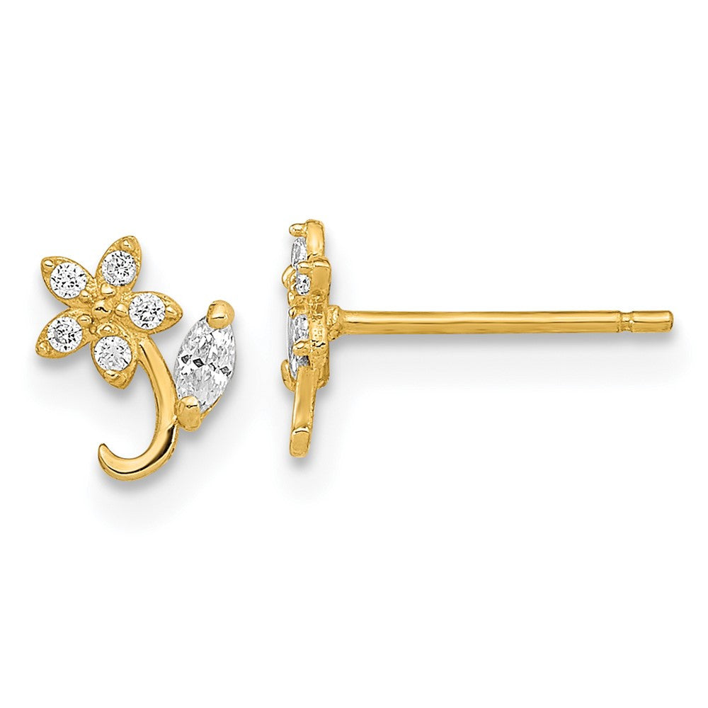 14k Yellow Gold Polished Flower CZ Button Stud Earrings