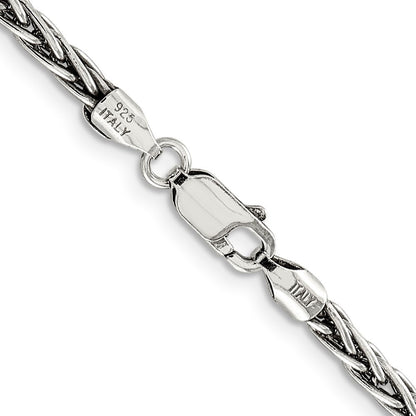 Sterling Silver Antiqued 3.25mm Solid Square Spiga Chain Necklace 24"