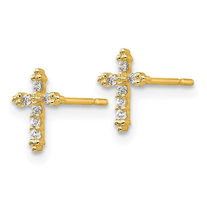 14k Yellow Gold CZ Children's Cross Button Stud Earrings