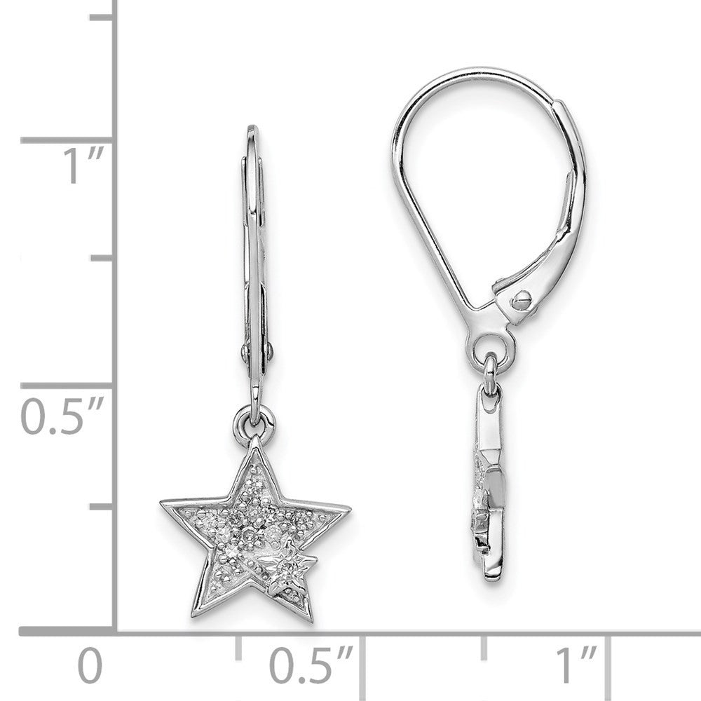 Sterling Silver Rhodium Plated Diamond Star Leverback Dangle Earrings