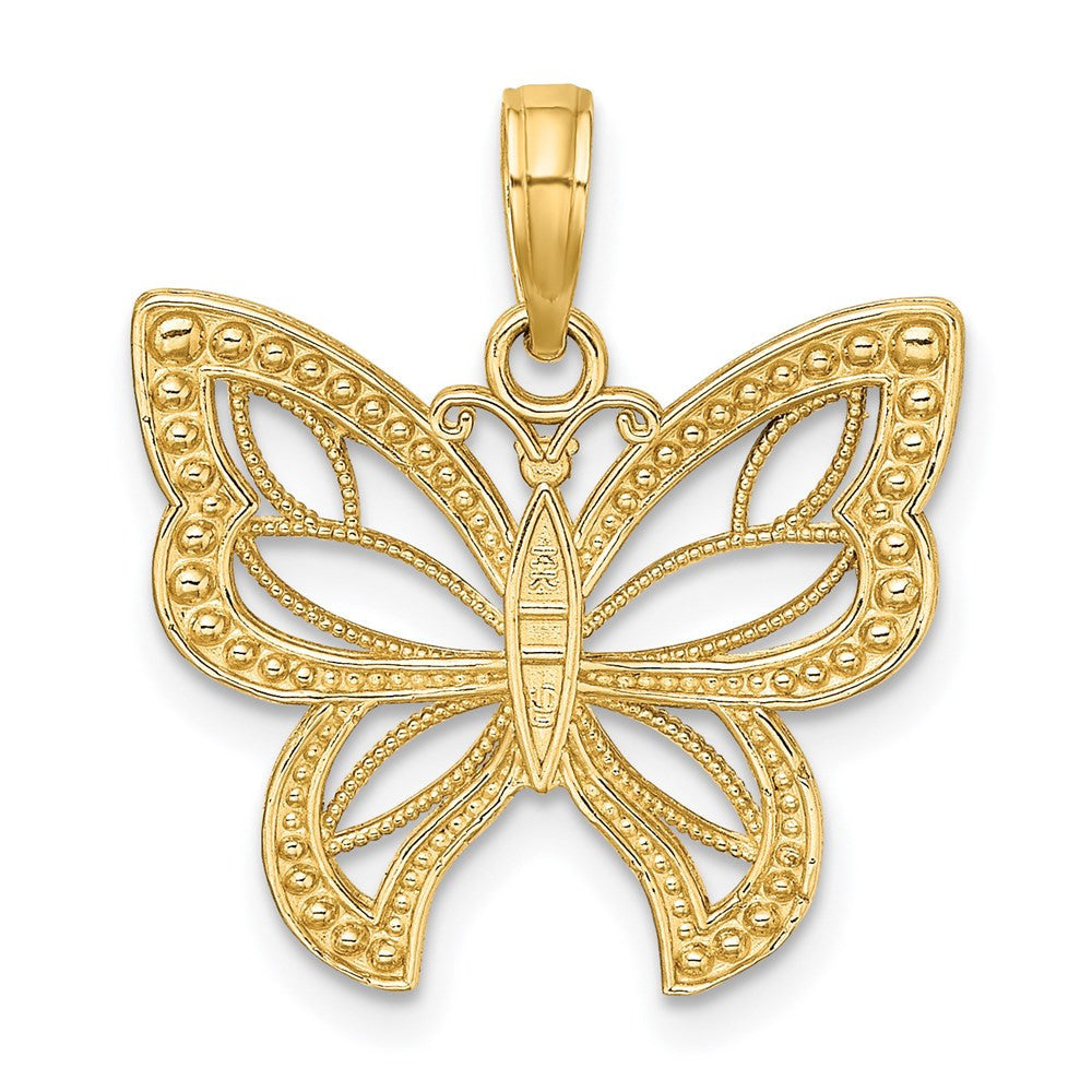 14k Yellow Gold Rhodium Butterfly White Beaded Wings Charm Pendant