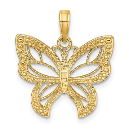 14k Yellow Gold Rhodium Butterfly White Beaded Wings Charm Pendant