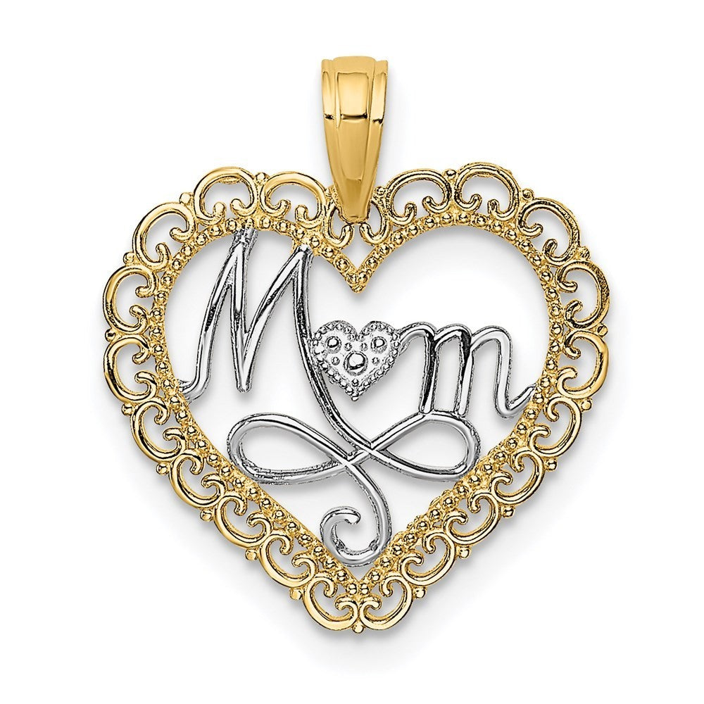 14k Yellow Gold Rhodium Cut-Out MOM In Scallop Heart Charm Pendant