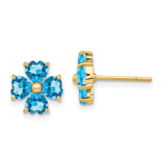 14k Yellow Gold Heart-shaped Swiss Blue Topaz Flower Stud Earrings