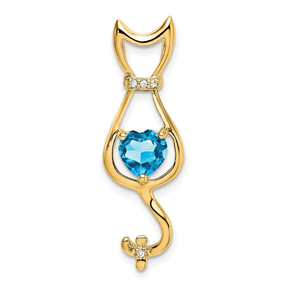 14k Yellow Gold Blue Topaz and Diamond Cat Pendant