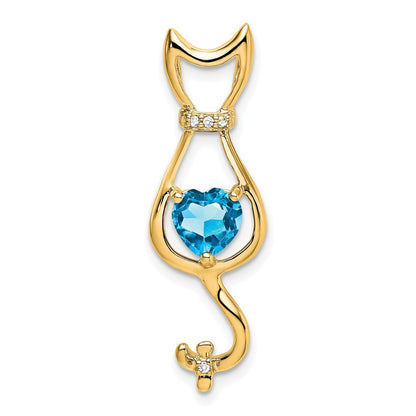 14k Yellow Gold Blue Topaz and Diamond Cat Pendant