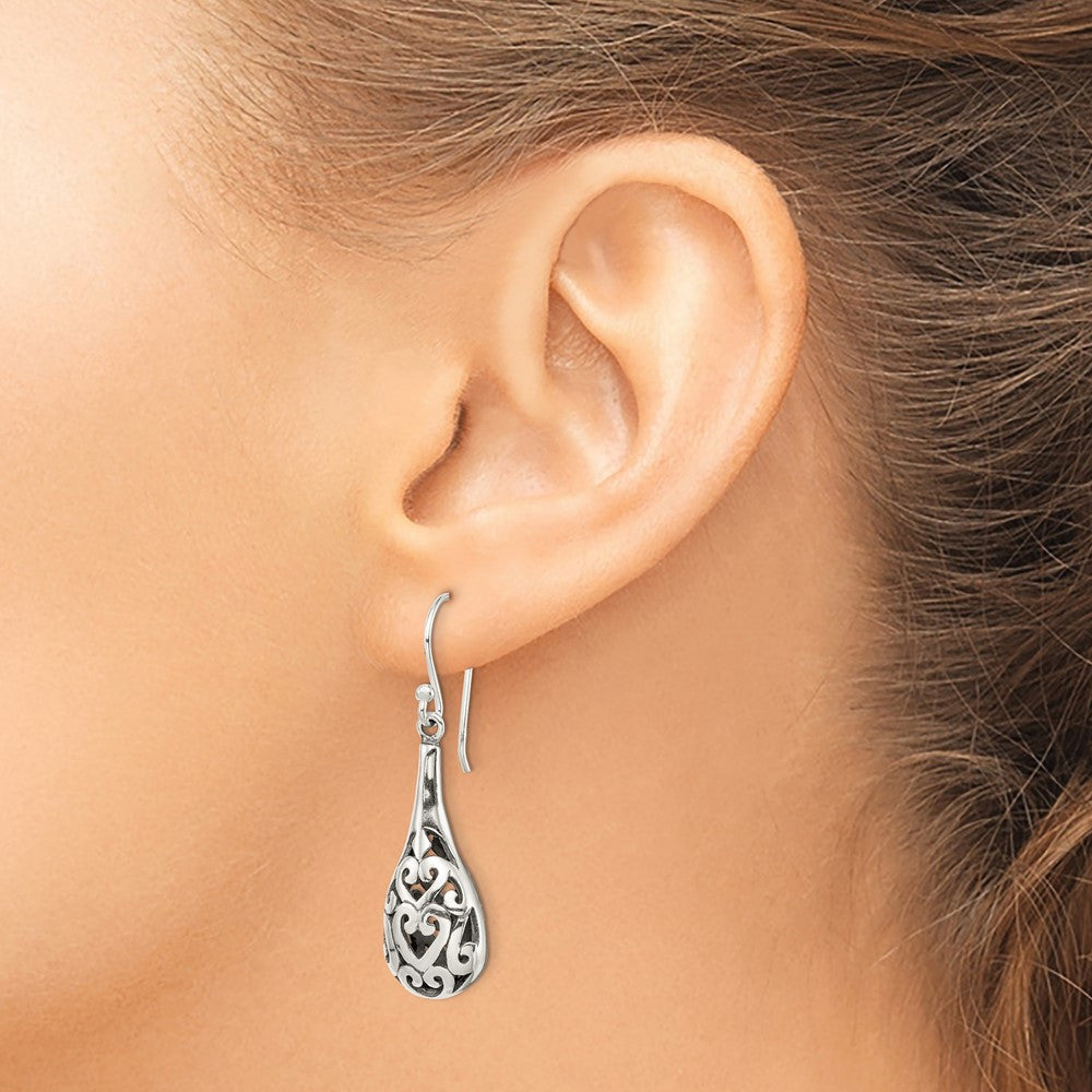 Sterling Silver Polished & Antiqued Filigree Heart Tear Dangle Earrings
