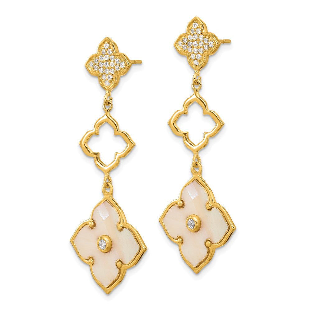 Sterling Silver Gold-tone Polished MOP & CZ Floral Dangle Earrings