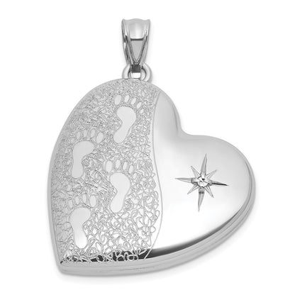 Sterling Silver Brushed And Polished Diamond Foot Prints 24mm Heart Locket