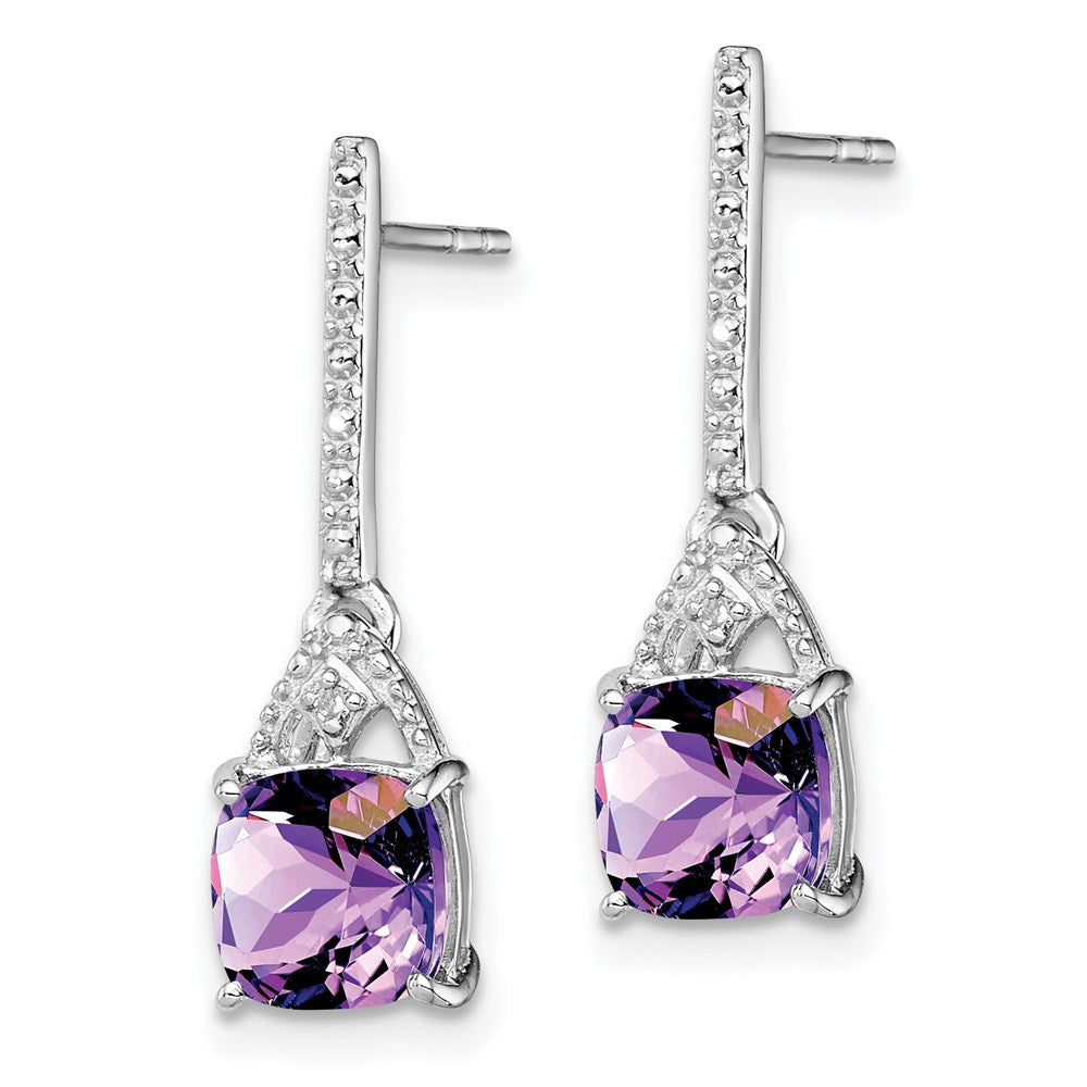 Sterling Silver Rhodium Plated Diamond and Amethyst Dangle Earrings