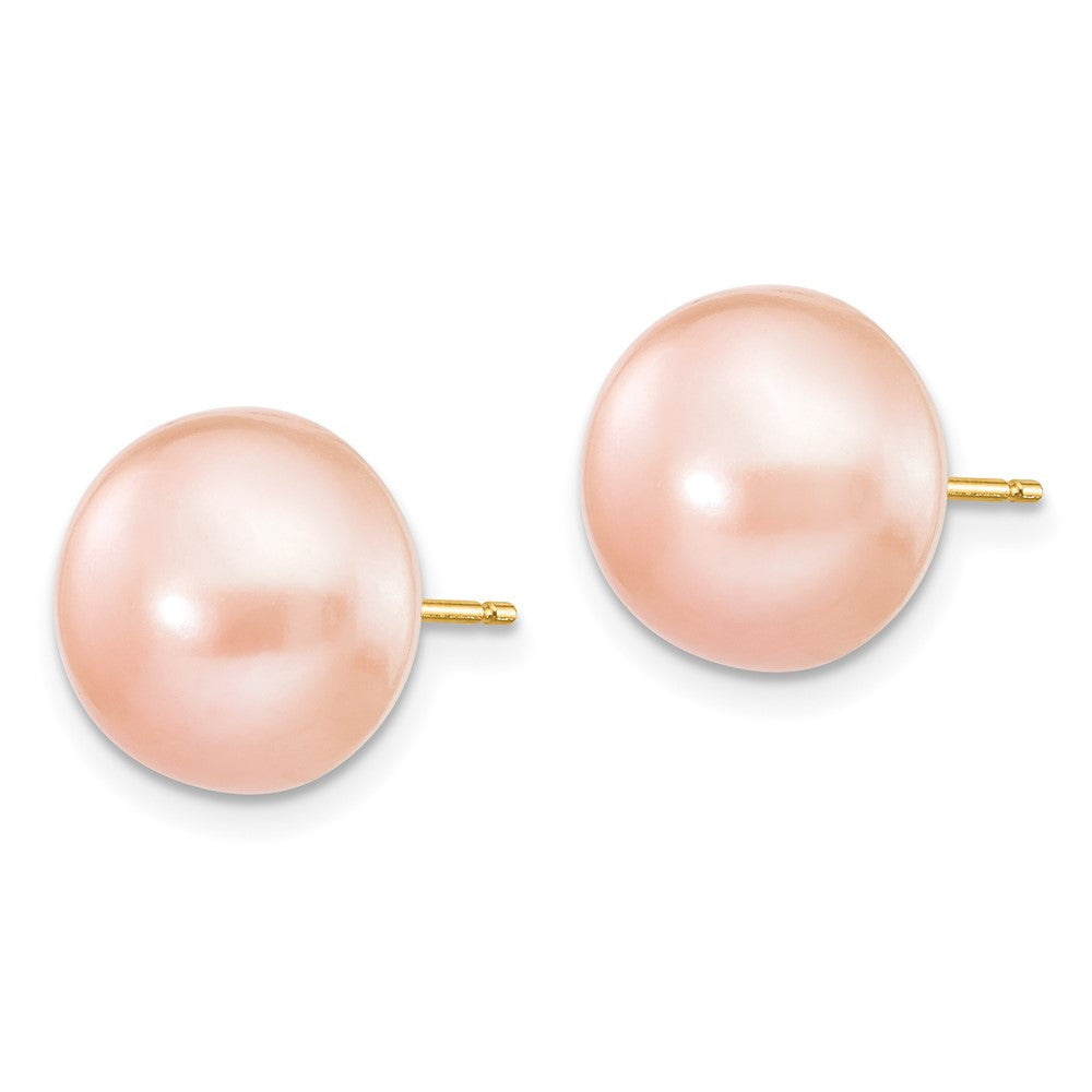 14k Yellow Gold 10-11mm Pink Button Freshwater Cultured Pearl Stud Earrings