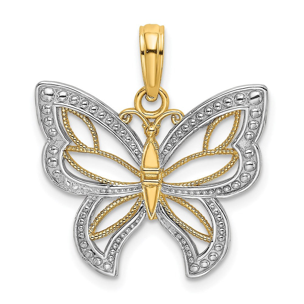 14k Yellow Gold Rhodium Butterfly White Beaded Wings Charm Pendant