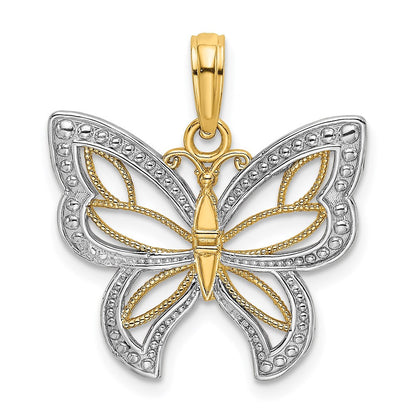 14k Yellow Gold Rhodium Butterfly White Beaded Wings Charm Pendant