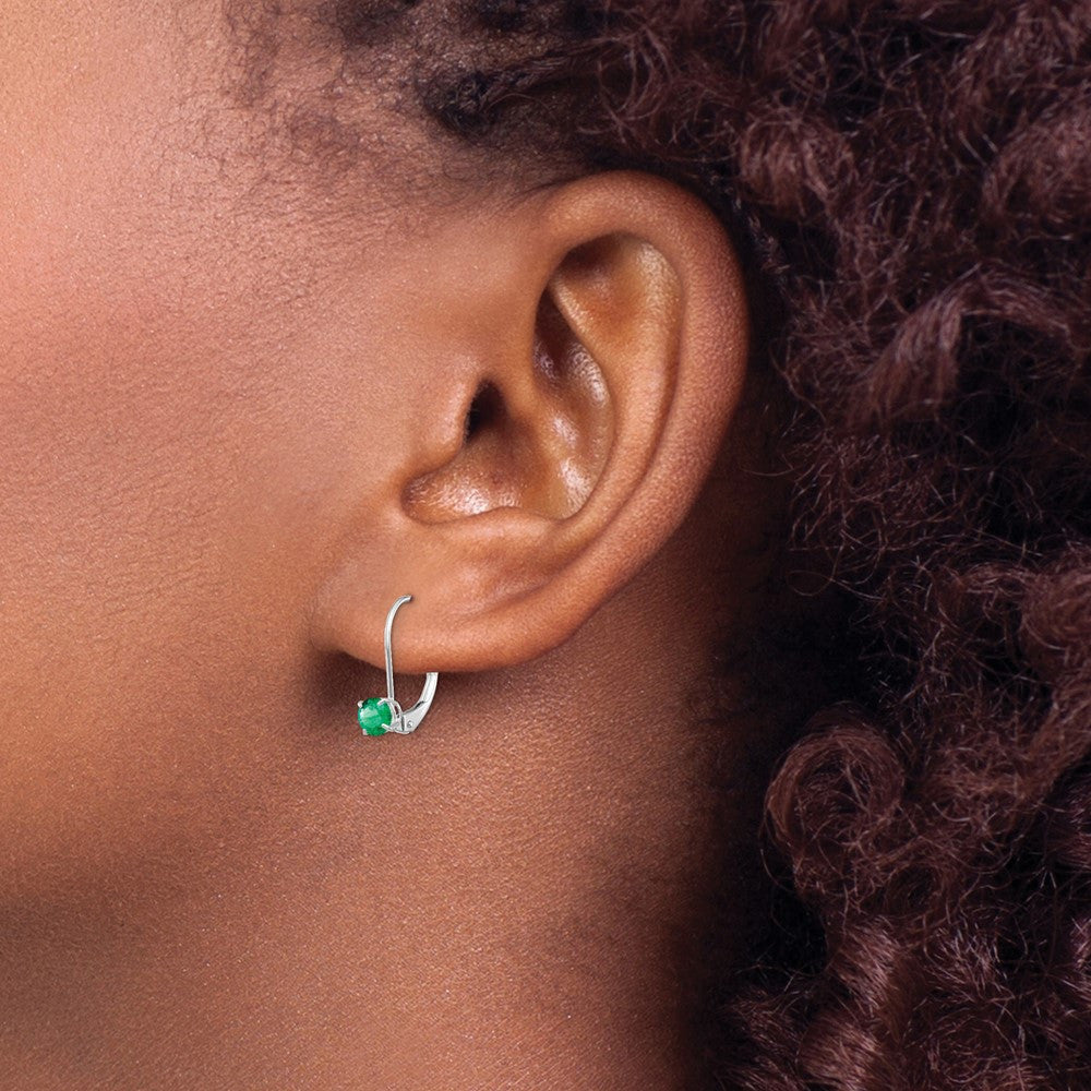 14k White Gold 4mm Round May/Emerald Leverback Dangle Earrings