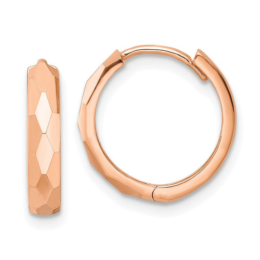 14k Rose Gold Polished Faceted 3x15mm Hinged Hoop Earrings