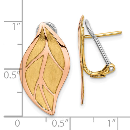 14K Two-tone Rose and Yellow Polished / Brushed Leaf Omega Back Stud Earrings