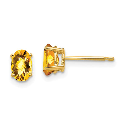 14k Yellow Gold 6x4mm Oval Citrine Checker Stud Earrings