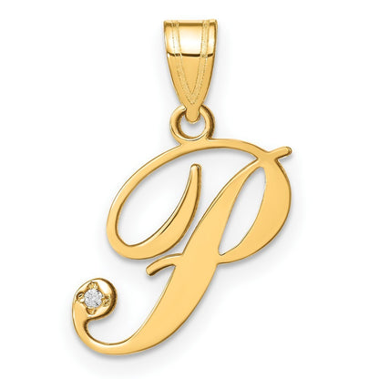 14k Yellow Gold Script Letter P Initial Pendant with Diamond