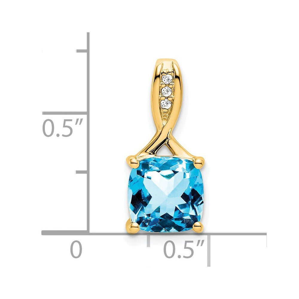 14k Yellow Gold Cushion Blue Topaz and Diamond Pendant
