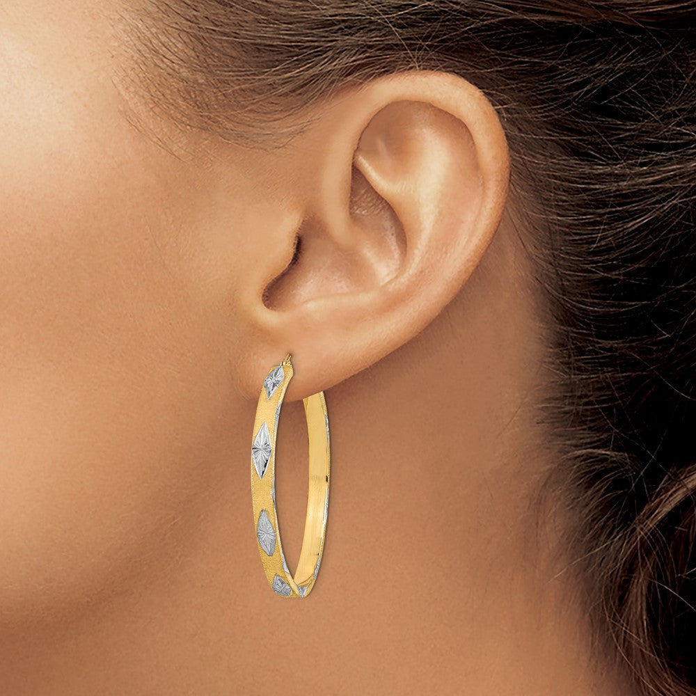14k Yellow Gold White Rhodium Polished Satin Diamond-cut Fancy Hoop Earrings