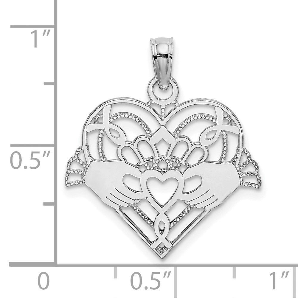 14k White Gold Polished and Beaded Claddagh In Heart Charm Pendant