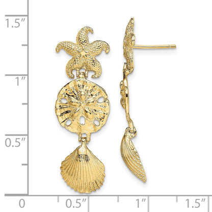 14k Yellow Gold D/C Starfish, Shell ,Sand Dollar Dangle Earrings