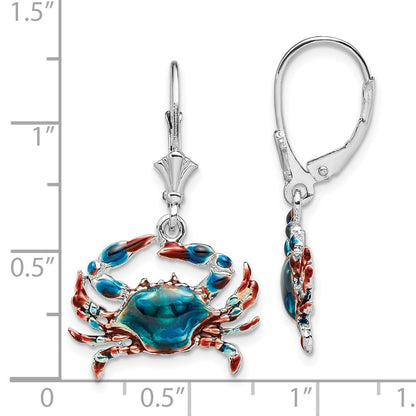 Sterling Silver Rhodium-Plated Enameled Blue Crab Leverback Dangle Earrings