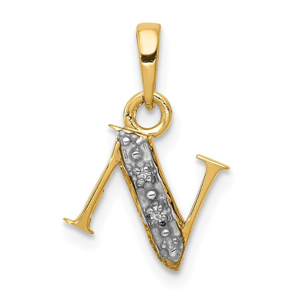 14k Yellow Gold with Rhodium Diamond Letter N Initial Pendant