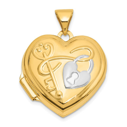 14k Yellow Gold and White Rhodium 18mm KEY TO MY HEART Reversible Heart Locket