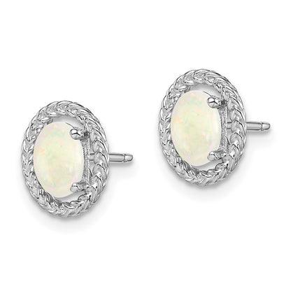 Sterling Silver Rhod-plat Milky Opal Oval Button Stud Earrings