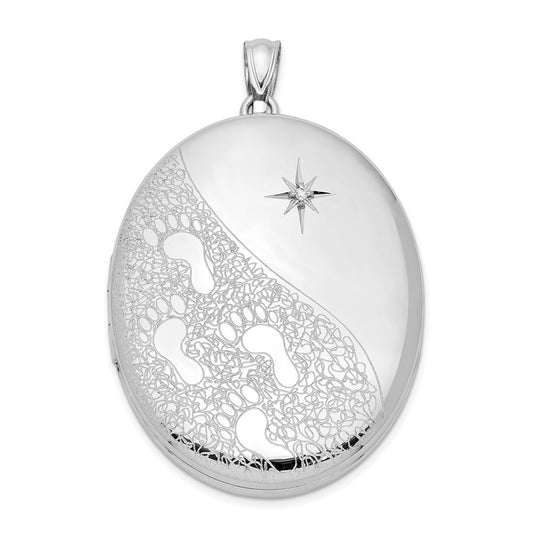 Sterling Silver Rhodium-plated Diamond Footprints 34mm Oval Locket Pendant
