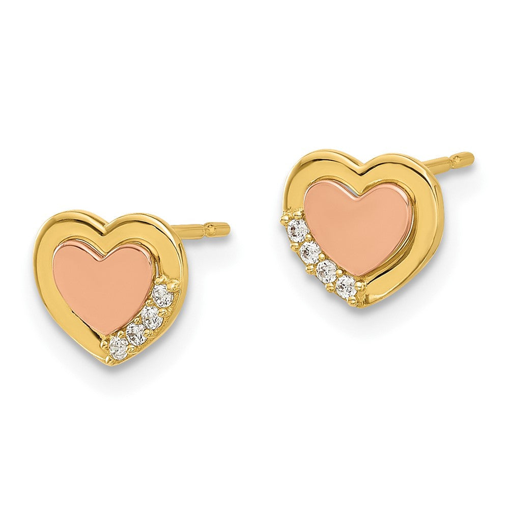 14k Two-tone Polished Cubic Zirconia Heart Stud Earrings