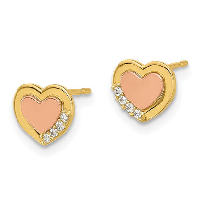 14k Two-tone Polished Cubic Zirconia Heart Stud Earrings