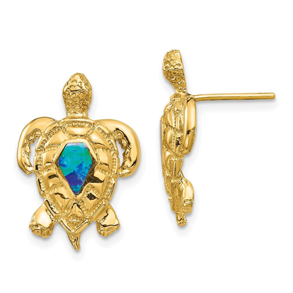 14k Yellow Gold Created Opal Turtle Stud Earrings