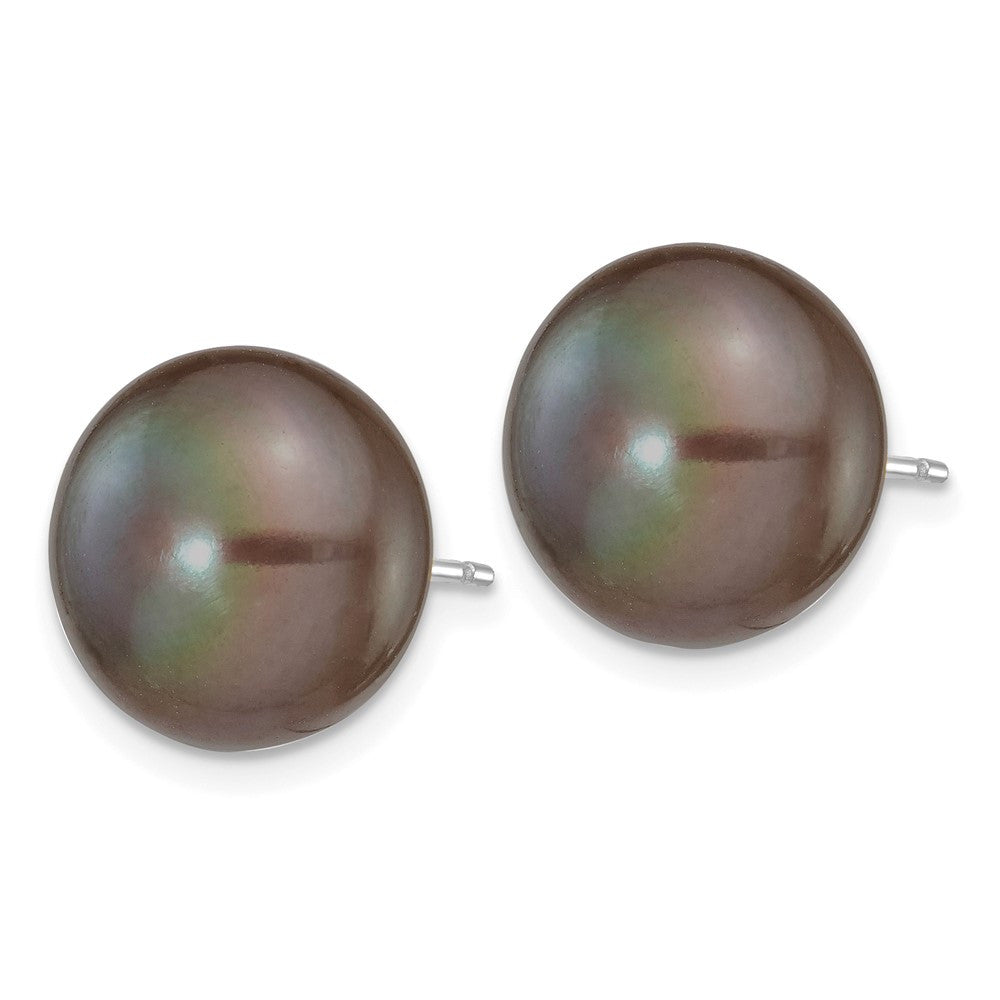 14k White Gold 11-12mm Black Button Freshwater Cultured Pearl Stud Earrings