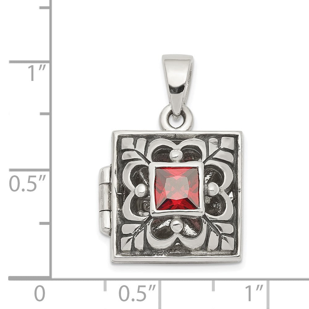 Sterling Silver Rhod-plated Polished Antiqued Garnet Square 16mm Locket