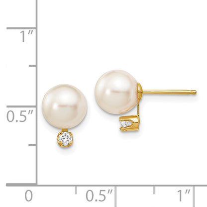 14k Yellow Gold 8mm White Akoya Saltwater Cultured Pearl & Diamond Stud Earrings