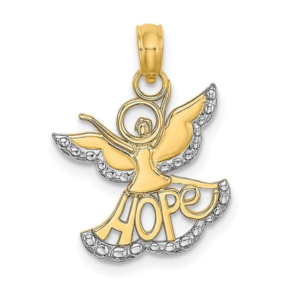14k Yellow Gold Rhodium Polished/Textured Cut-Out HOPE Angel Charm Pendant