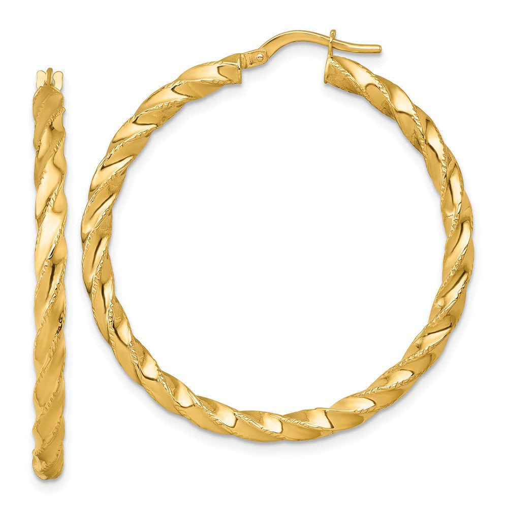 14k Yellow Gold Polished Diamond-cut Twisted 3.00 x 40mm Tube Hoop Earrings