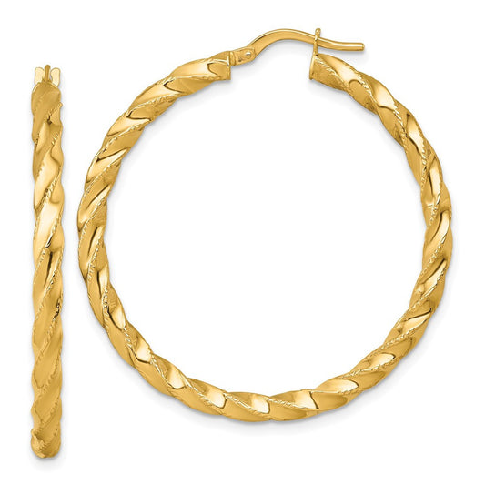 14k Yellow Gold Polished Diamond-cut Twisted 3.00 x 40mm Tube Hoop Earrings