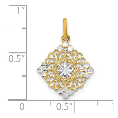 14k Yellow Gold w/Rhodium and D/C Filigree Medallion Charm Pendant
