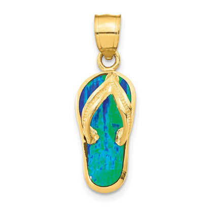 14k Yellow Gold Polished 3D Created Blue Opal Flip Flop Pendant