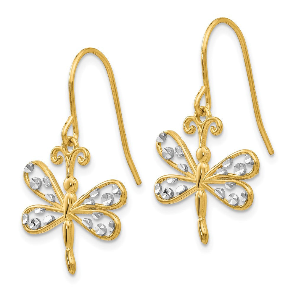 14k Yellow Gold & Rhodium Diamond-cut Dragonfly Shepherd Hook Dangle Earrings