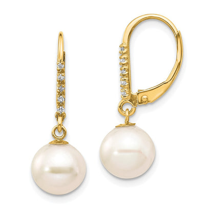 14k Yellow Gold 8-9mm Cultured Pearl and Diamond Dangle Earrings