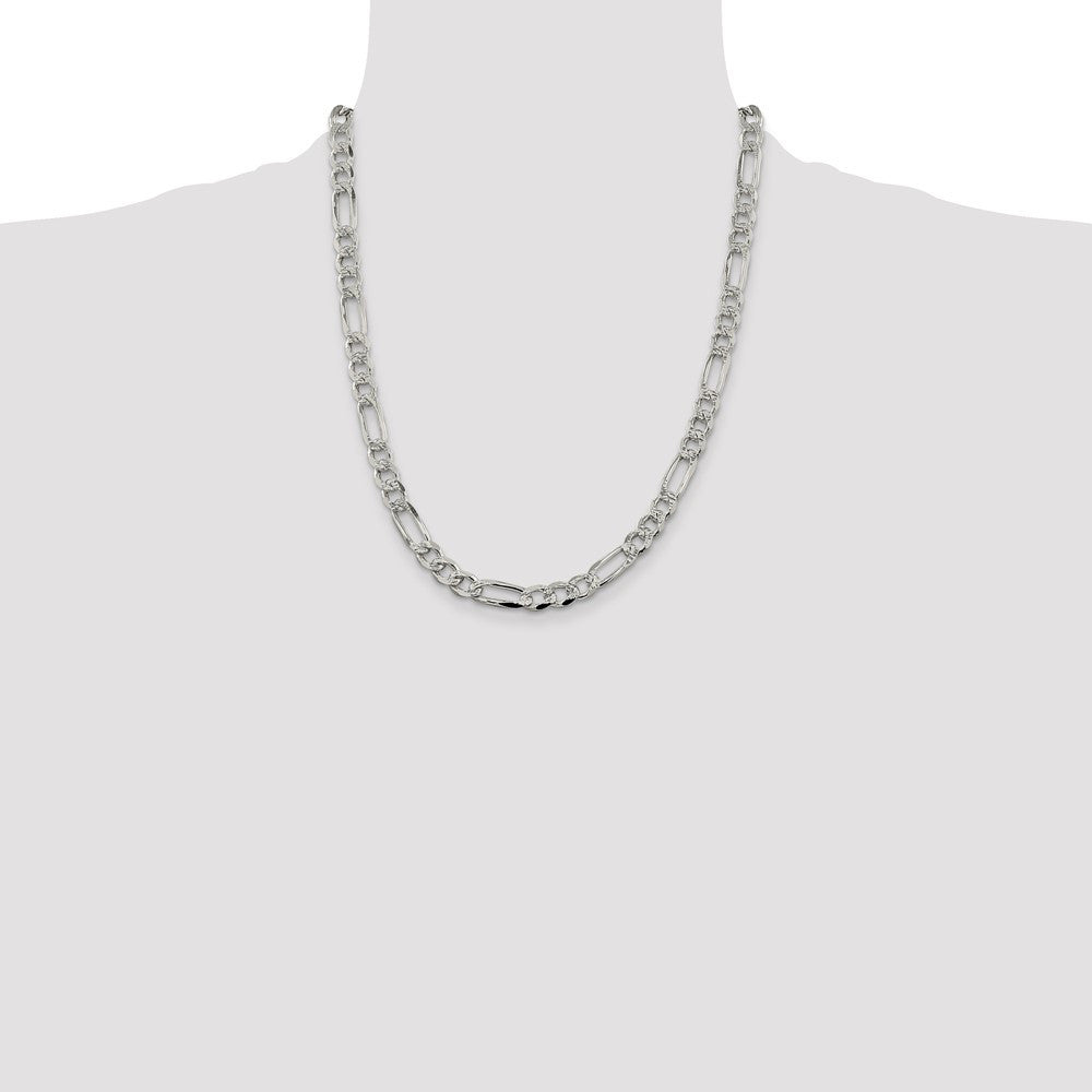 Sterling Silver 7.25mm Pav� Flat Figaro Chain Necklace 22"