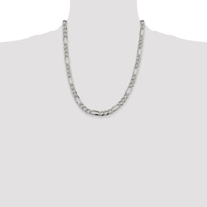 Sterling Silver 7.25mm Pav� Flat Figaro Chain Necklace 22"