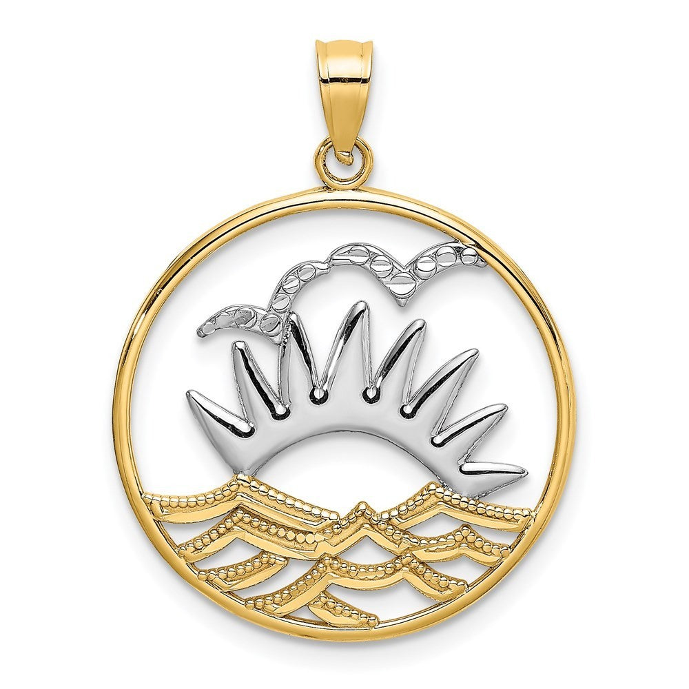 14k Yellow Gold /Rhodium Sunsetand Water In CircleCharm Pendant