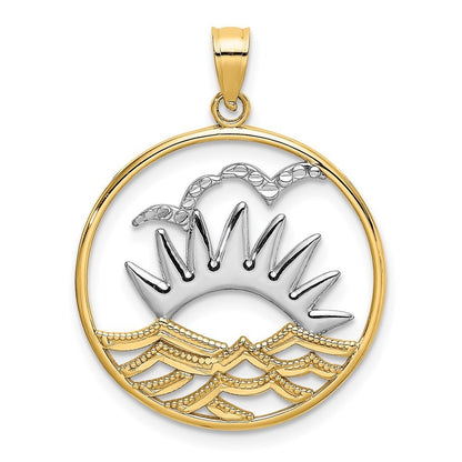 14k Yellow Gold /Rhodium Sunsetand Water In CircleCharm Pendant