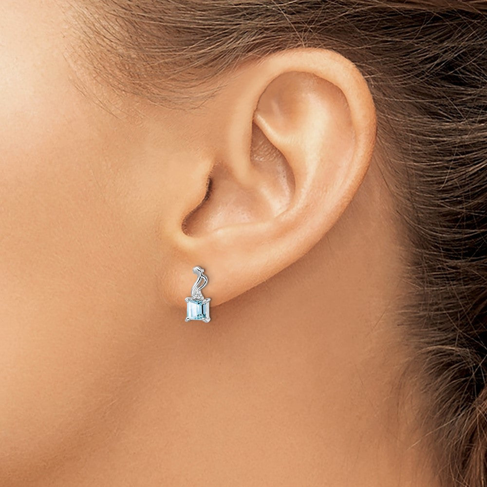 Sterling Silver Rhodium Plated Dia. Aquamarine Square Dangle Earrings