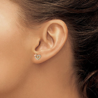 14k Two-tone Cubic Zirconia Heart w/Butterfly Stud Earrings